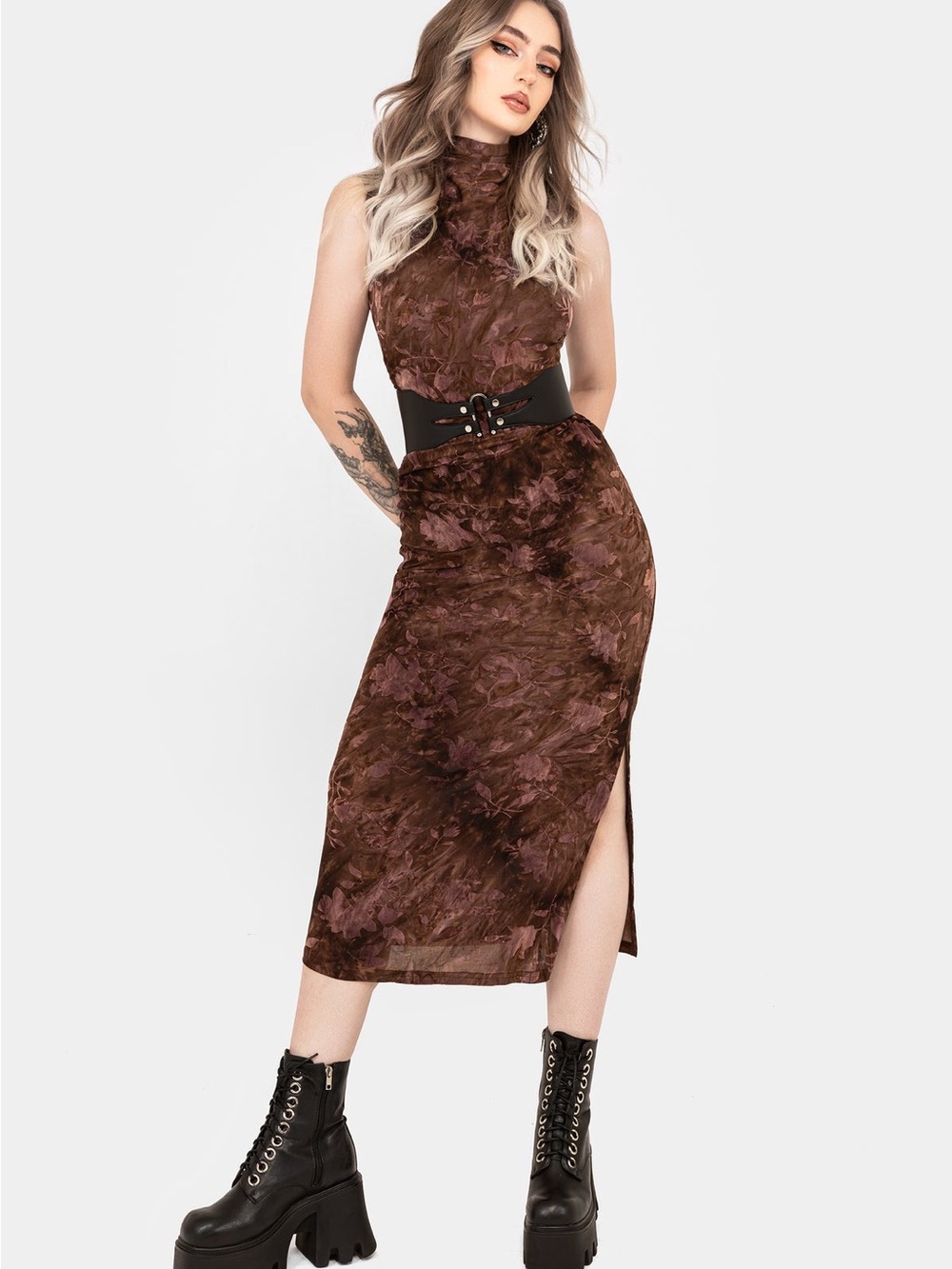 Disturbia Brown & Purple Textured High-Neck Sleeveless Midi Dress with Side Slit